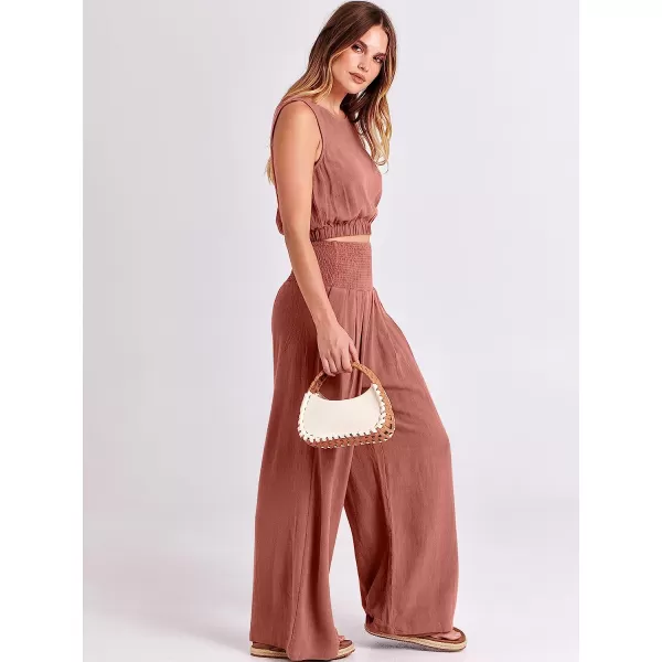 imageANRABESS Womens Summer 2 Piece Outfits Sleeveless Tank Crop Button Back Top Cropped Wide Leg Smocked Pants Set PocketsRust
