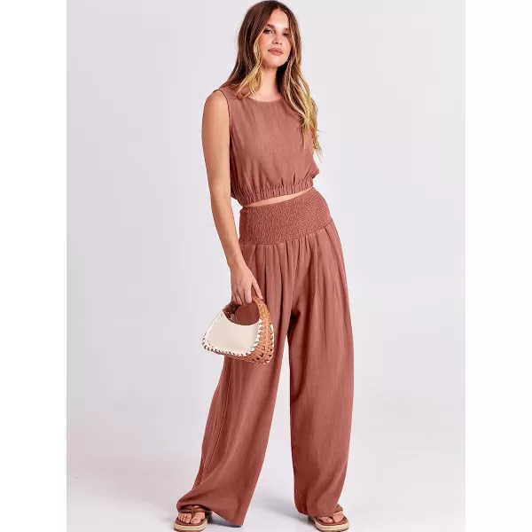 imageANRABESS Womens Summer 2 Piece Outfits Sleeveless Tank Crop Button Back Top Cropped Wide Leg Smocked Pants Set PocketsRust
