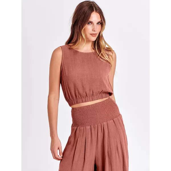 imageANRABESS Womens Summer 2 Piece Outfits Sleeveless Tank Crop Button Back Top Cropped Wide Leg Smocked Pants Set PocketsRust