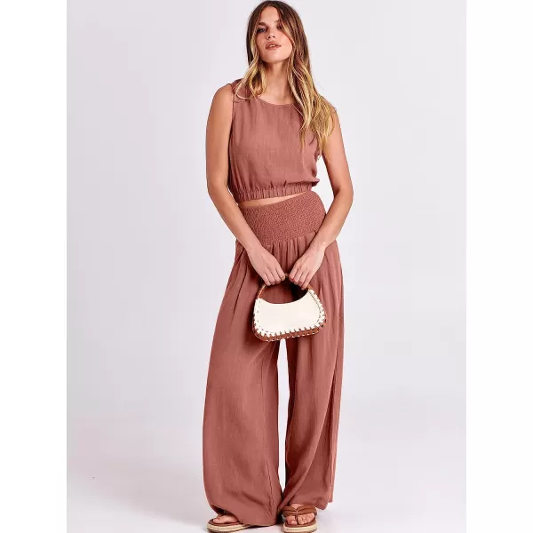 imageANRABESS Womens Summer 2 Piece Outfits Sleeveless Tank Crop Button Back Top Cropped Wide Leg Smocked Pants Set PocketsRust