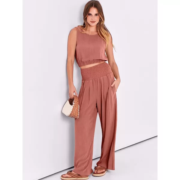 imageANRABESS Womens Summer 2 Piece Outfits Sleeveless Tank Crop Button Back Top Cropped Wide Leg Smocked Pants Set PocketsRust