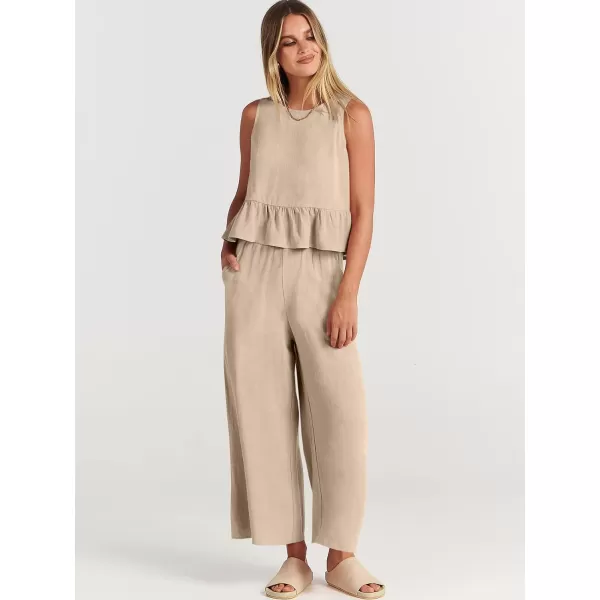 imageANRABESS Womens Summer 2 Piece Outfits Sleeveless Tank Crop Top Wide Leg Pants Linen Lounge Matching SetsApricot
