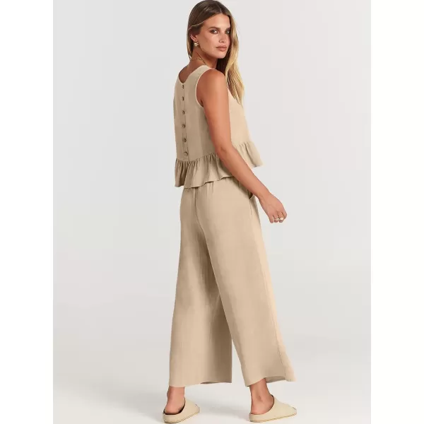 imageANRABESS Womens Summer 2 Piece Outfits Sleeveless Tank Crop Top Wide Leg Pants Linen Lounge Matching SetsApricot