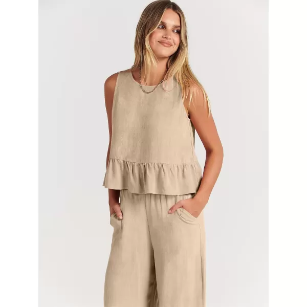 imageANRABESS Womens Summer 2 Piece Outfits Sleeveless Tank Crop Top Wide Leg Pants Linen Lounge Matching SetsApricot