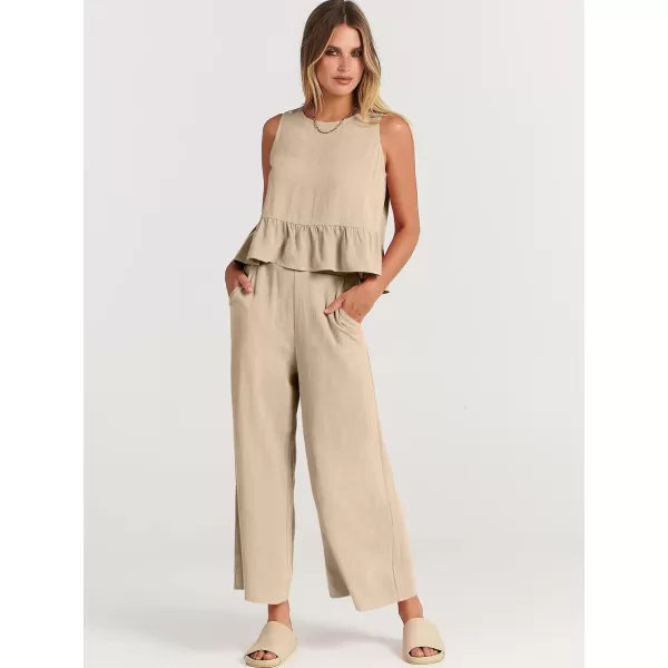 imageANRABESS Womens Summer 2 Piece Outfits Sleeveless Tank Crop Top Wide Leg Pants Linen Lounge Matching SetsApricot