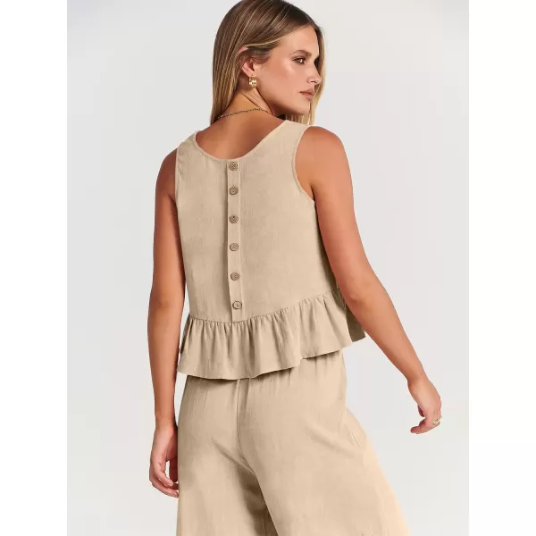 imageANRABESS Womens Summer 2 Piece Outfits Sleeveless Tank Crop Top Wide Leg Pants Linen Lounge Matching SetsApricot