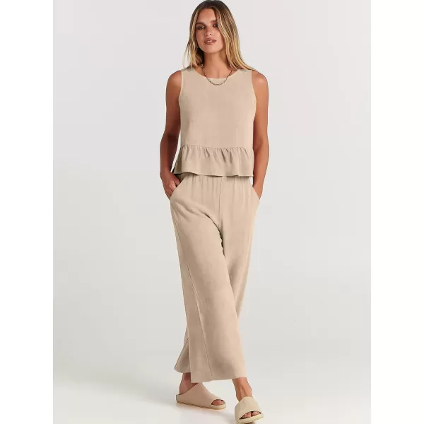 imageANRABESS Womens Summer 2 Piece Outfits Sleeveless Tank Crop Top Wide Leg Pants Linen Lounge Matching SetsApricot