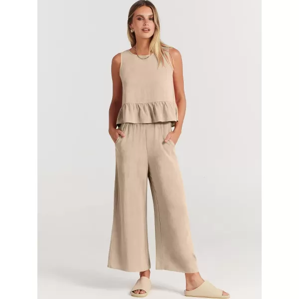 imageANRABESS Womens Summer 2 Piece Outfits Sleeveless Tank Crop Top Wide Leg Pants Linen Lounge Matching SetsApricot
