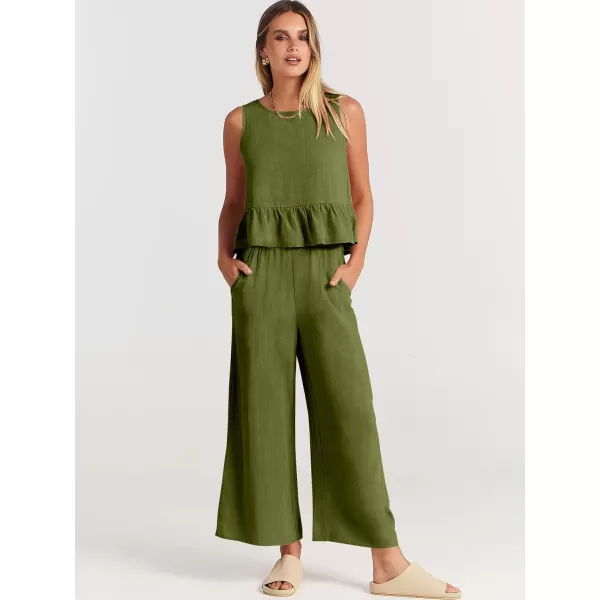imageANRABESS Womens Summer 2 Piece Outfits Sleeveless Tank Crop Top Wide Leg Pants Linen Lounge Matching SetsArmy Green