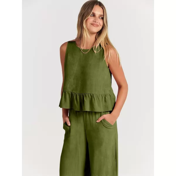 imageANRABESS Womens Summer 2 Piece Outfits Sleeveless Tank Crop Top Wide Leg Pants Linen Lounge Matching SetsArmy Green