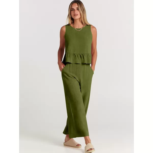 imageANRABESS Womens Summer 2 Piece Outfits Sleeveless Tank Crop Top Wide Leg Pants Linen Lounge Matching SetsArmy Green