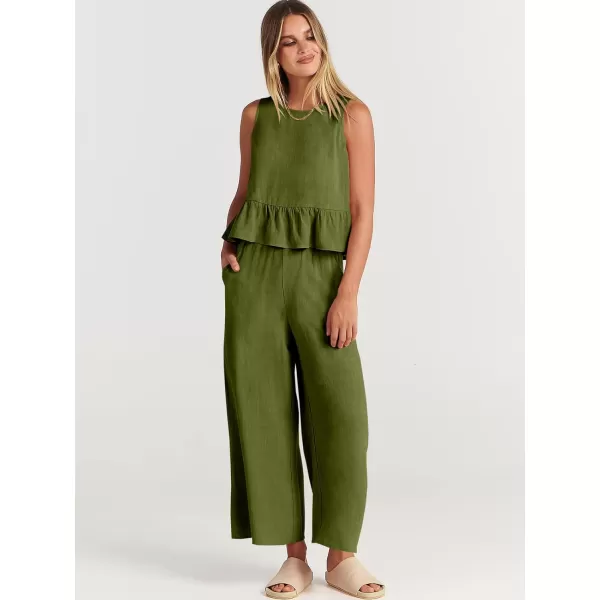 imageANRABESS Womens Summer 2 Piece Outfits Sleeveless Tank Crop Top Wide Leg Pants Linen Lounge Matching SetsArmy Green