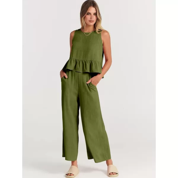 imageANRABESS Womens Summer 2 Piece Outfits Sleeveless Tank Crop Top Wide Leg Pants Linen Lounge Matching SetsArmy Green