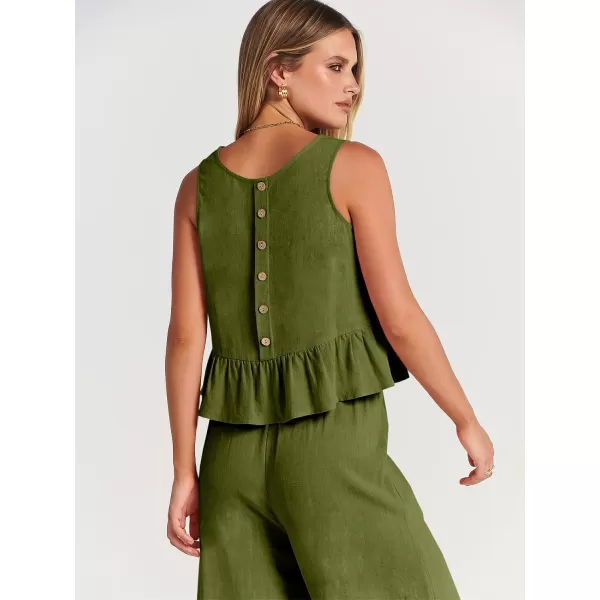 imageANRABESS Womens Summer 2 Piece Outfits Sleeveless Tank Crop Top Wide Leg Pants Linen Lounge Matching SetsArmy Green