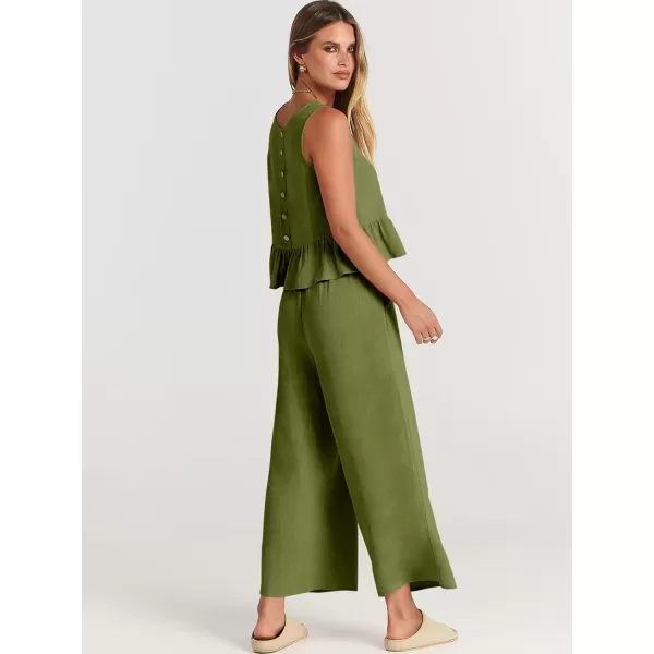 imageANRABESS Womens Summer 2 Piece Outfits Sleeveless Tank Crop Top Wide Leg Pants Linen Lounge Matching SetsArmy Green