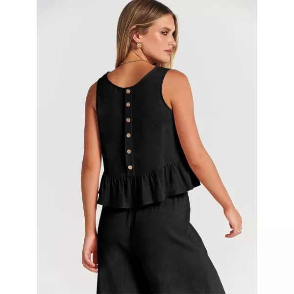 imageANRABESS Womens Summer 2 Piece Outfits Sleeveless Tank Crop Top Wide Leg Pants Linen Lounge Matching SetsBlack
