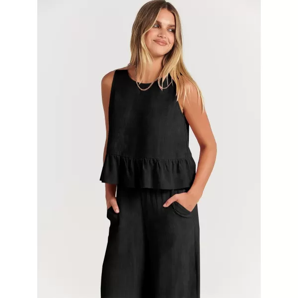 imageANRABESS Womens Summer 2 Piece Outfits Sleeveless Tank Crop Top Wide Leg Pants Linen Lounge Matching SetsBlack
