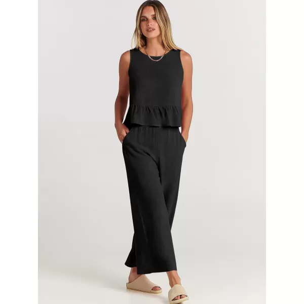 imageANRABESS Womens Summer 2 Piece Outfits Sleeveless Tank Crop Top Wide Leg Pants Linen Lounge Matching SetsBlack