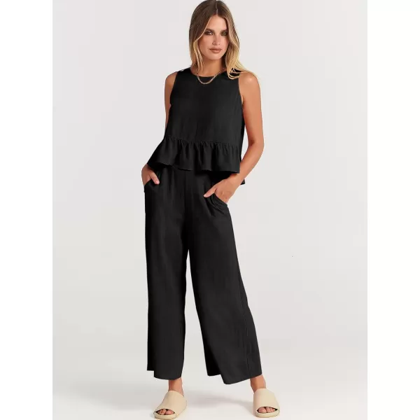 imageANRABESS Womens Summer 2 Piece Outfits Sleeveless Tank Crop Top Wide Leg Pants Linen Lounge Matching SetsBlack