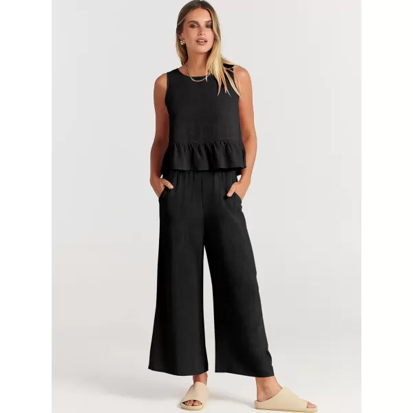 imageANRABESS Womens Summer 2 Piece Outfits Sleeveless Tank Crop Top Wide Leg Pants Linen Lounge Matching SetsBlack