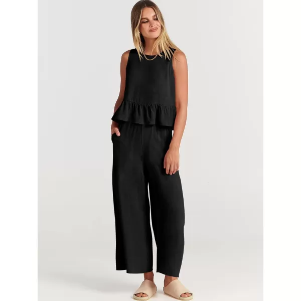 imageANRABESS Womens Summer 2 Piece Outfits Sleeveless Tank Crop Top Wide Leg Pants Linen Lounge Matching SetsBlack