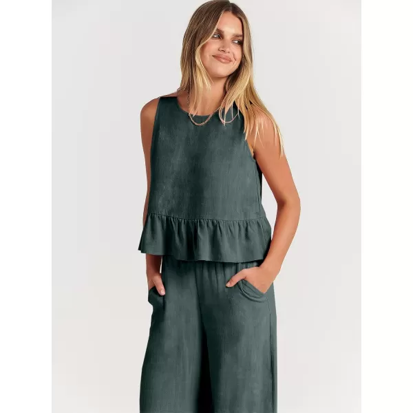 imageANRABESS Womens Summer 2 Piece Outfits Sleeveless Tank Crop Top Wide Leg Pants Linen Lounge Matching SetsBlue Gray