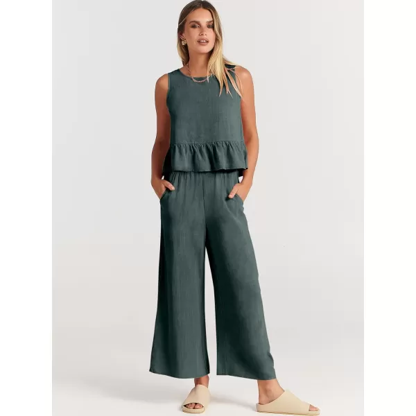 imageANRABESS Womens Summer 2 Piece Outfits Sleeveless Tank Crop Top Wide Leg Pants Linen Lounge Matching SetsBlue Gray