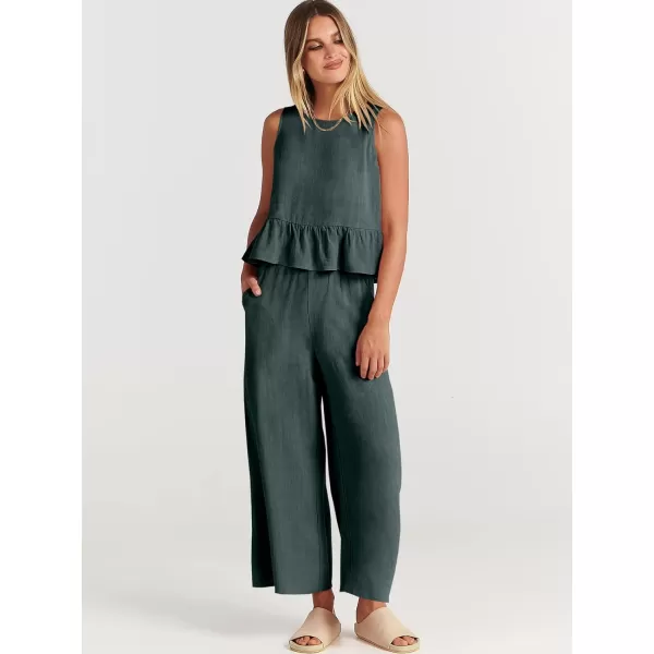imageANRABESS Womens Summer 2 Piece Outfits Sleeveless Tank Crop Top Wide Leg Pants Linen Lounge Matching SetsBlue Gray
