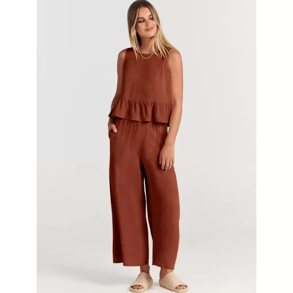 imageANRABESS Womens Summer 2 Piece Outfits Sleeveless Tank Crop Top Wide Leg Pants Linen Lounge Matching SetsBrick