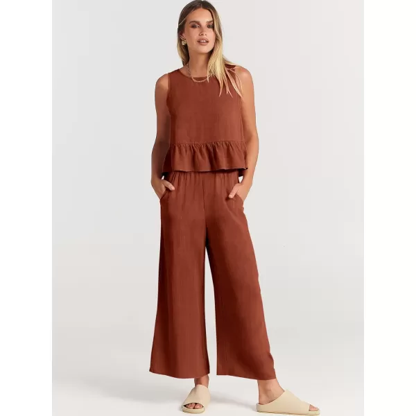 imageANRABESS Womens Summer 2 Piece Outfits Sleeveless Tank Crop Top Wide Leg Pants Linen Lounge Matching SetsBrick