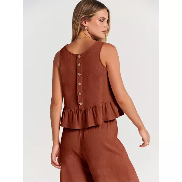 imageANRABESS Womens Summer 2 Piece Outfits Sleeveless Tank Crop Top Wide Leg Pants Linen Lounge Matching SetsBrick