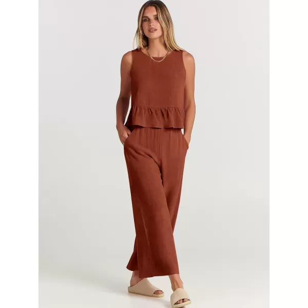 imageANRABESS Womens Summer 2 Piece Outfits Sleeveless Tank Crop Top Wide Leg Pants Linen Lounge Matching SetsBrick