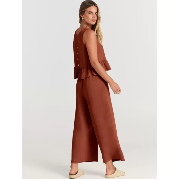 imageANRABESS Womens Summer 2 Piece Outfits Sleeveless Tank Crop Top Wide Leg Pants Linen Lounge Matching SetsBrick