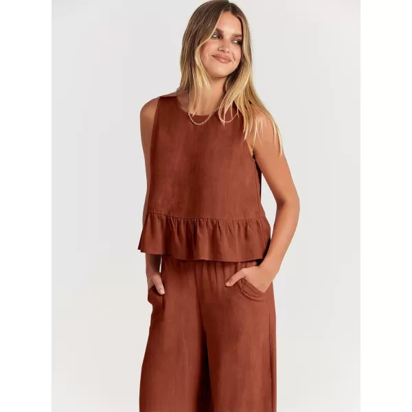imageANRABESS Womens Summer 2 Piece Outfits Sleeveless Tank Crop Top Wide Leg Pants Linen Lounge Matching SetsBrick