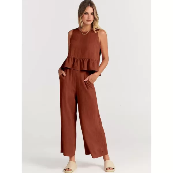 imageANRABESS Womens Summer 2 Piece Outfits Sleeveless Tank Crop Top Wide Leg Pants Linen Lounge Matching SetsBrick