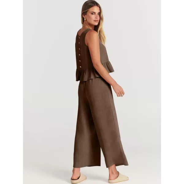 imageANRABESS Womens Summer 2 Piece Outfits Sleeveless Tank Crop Top Wide Leg Pants Linen Lounge Matching SetsBrown