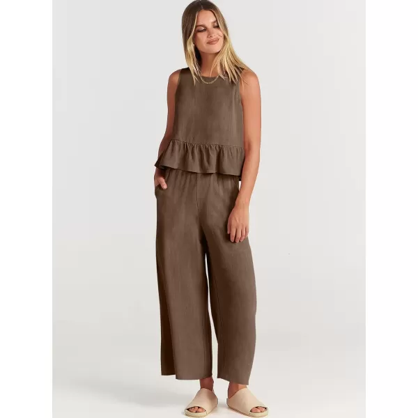 imageANRABESS Womens Summer 2 Piece Outfits Sleeveless Tank Crop Top Wide Leg Pants Linen Lounge Matching SetsBrown