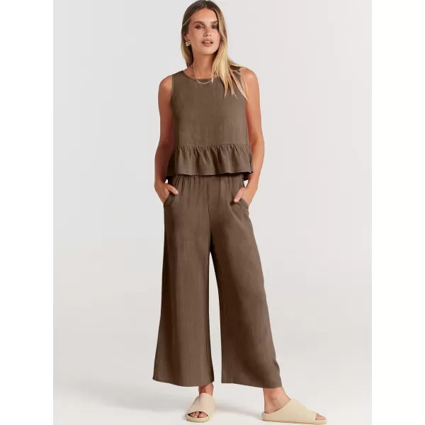 imageANRABESS Womens Summer 2 Piece Outfits Sleeveless Tank Crop Top Wide Leg Pants Linen Lounge Matching SetsBrown