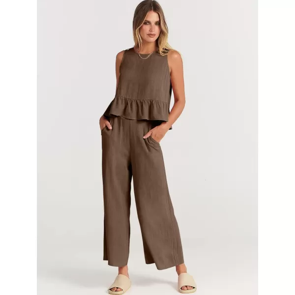 imageANRABESS Womens Summer 2 Piece Outfits Sleeveless Tank Crop Top Wide Leg Pants Linen Lounge Matching SetsBrown