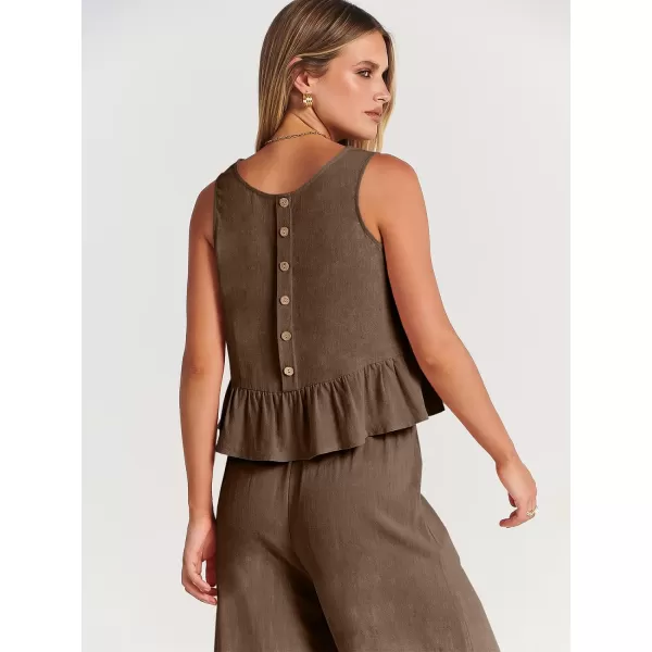 imageANRABESS Womens Summer 2 Piece Outfits Sleeveless Tank Crop Top Wide Leg Pants Linen Lounge Matching SetsBrown