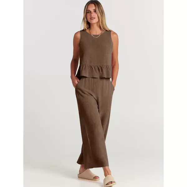 imageANRABESS Womens Summer 2 Piece Outfits Sleeveless Tank Crop Top Wide Leg Pants Linen Lounge Matching SetsBrown
