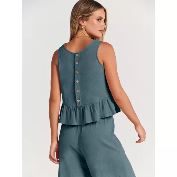 imageANRABESS Womens Summer 2 Piece Outfits Sleeveless Tank Crop Top Wide Leg Pants Linen Lounge Matching SetsCyan Blue