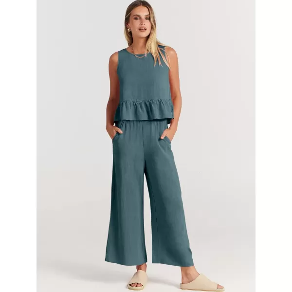 imageANRABESS Womens Summer 2 Piece Outfits Sleeveless Tank Crop Top Wide Leg Pants Linen Lounge Matching SetsCyan Blue