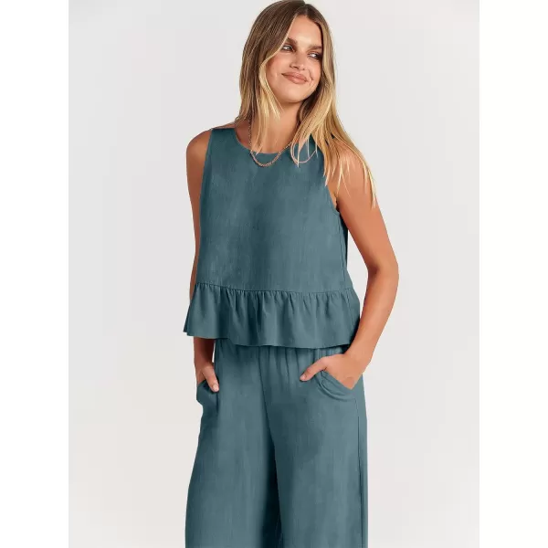 imageANRABESS Womens Summer 2 Piece Outfits Sleeveless Tank Crop Top Wide Leg Pants Linen Lounge Matching SetsCyan Blue