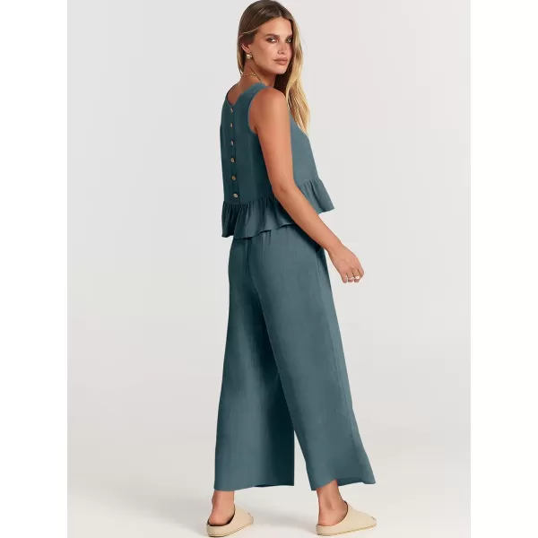 imageANRABESS Womens Summer 2 Piece Outfits Sleeveless Tank Crop Top Wide Leg Pants Linen Lounge Matching SetsCyan Blue