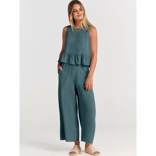 imageANRABESS Womens Summer 2 Piece Outfits Sleeveless Tank Crop Top Wide Leg Pants Linen Lounge Matching SetsCyan Blue