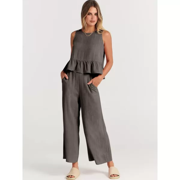imageANRABESS Womens Summer 2 Piece Outfits Sleeveless Tank Crop Top Wide Leg Pants Linen Lounge Matching SetsDark Grey