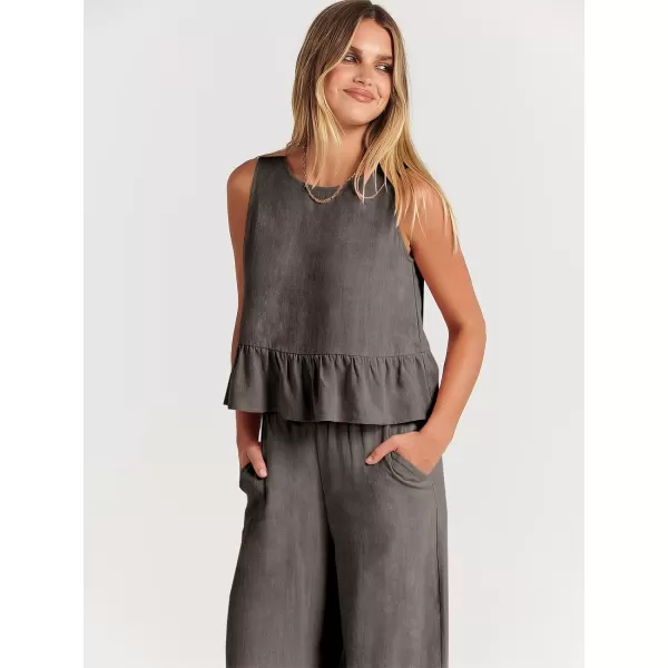 imageANRABESS Womens Summer 2 Piece Outfits Sleeveless Tank Crop Top Wide Leg Pants Linen Lounge Matching SetsDark Grey