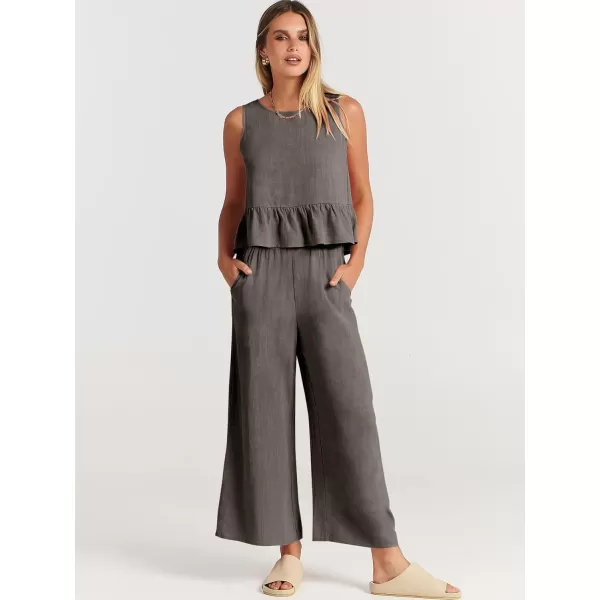 imageANRABESS Womens Summer 2 Piece Outfits Sleeveless Tank Crop Top Wide Leg Pants Linen Lounge Matching SetsDark Grey