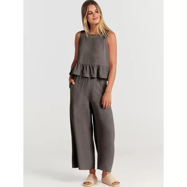 imageANRABESS Womens Summer 2 Piece Outfits Sleeveless Tank Crop Top Wide Leg Pants Linen Lounge Matching SetsDark Grey